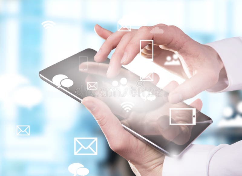 Hand touching digital tablet stock photos