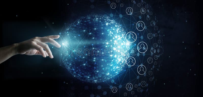 Hand touching global network customer connection stock illustration