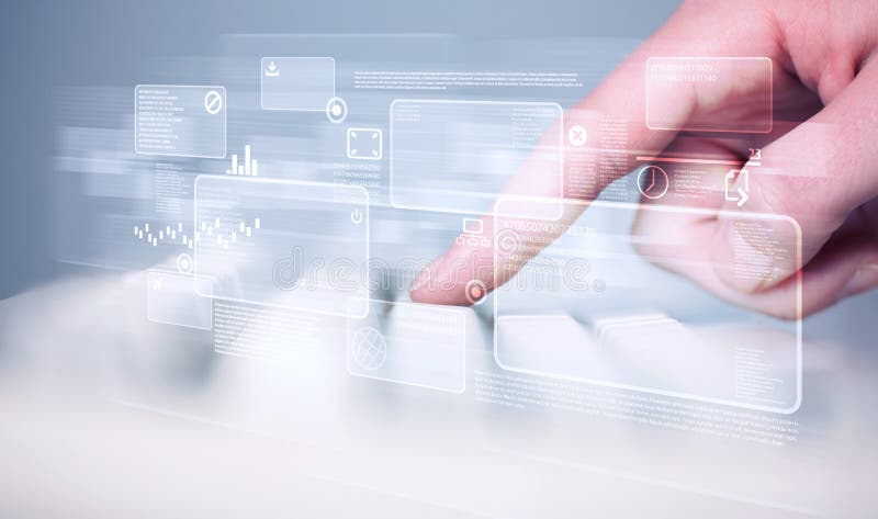 Hand touching keyboard with high tech buttons stock photography