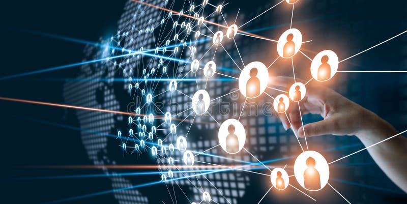 Hand touching network connecting the human dots icons stock image