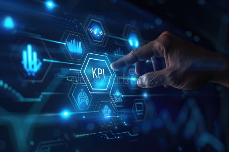Hand Touching Virtual KPI Icon. Business Analytics, Data Visualization, and Performance Metrics. vector illustration