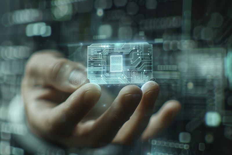 Hand with a transparent circuit board, indicating the seamless interaction of human touch with advanced electronics. vector illustration