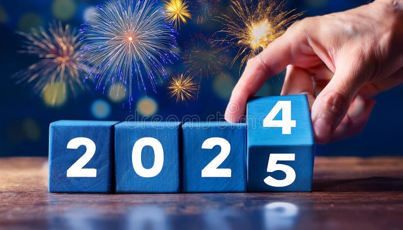 A hand is turning blue wooden blocks to update the year to 2025, symbolizing the New Year countdown royalty free stock image