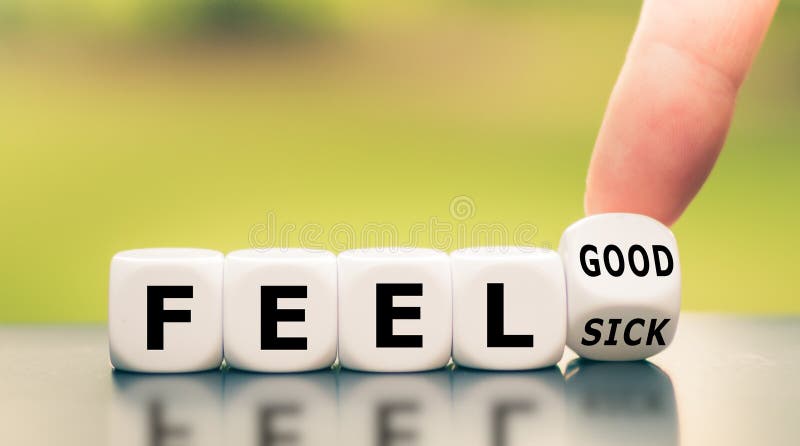 Hand turns a dice and changes the expression `feel sick` to `feel good.