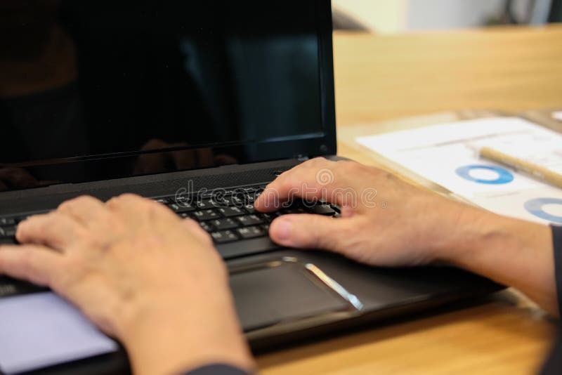 Hand Typing On Computer Laptop Keyboard Working At Home Office Stock