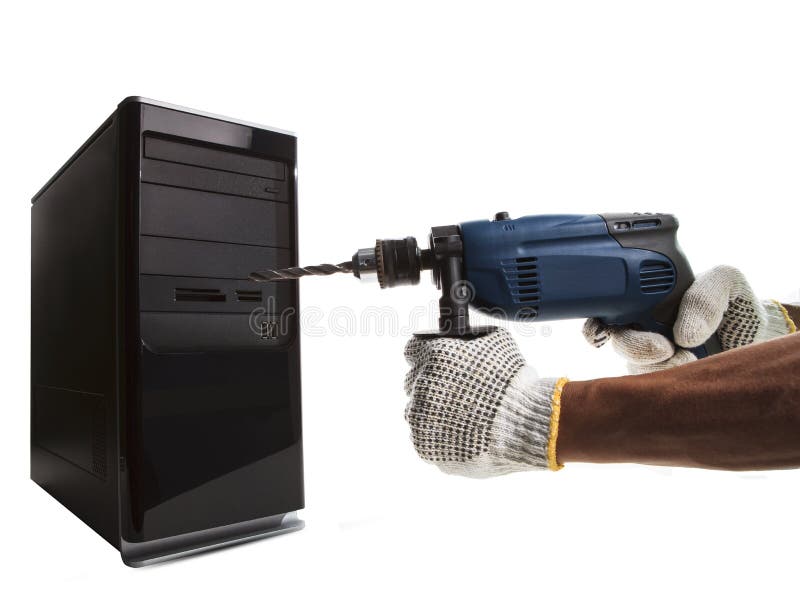 Hand und elektrische Bohrung, die auf Computer-CPU-Gebrauch für Kerbe zeigen stockbilder