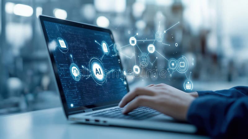 Hand uses laptop with AI symbols on industrial setting. Person works on tech with AI icons. Modern tech, production concept. vector illustration