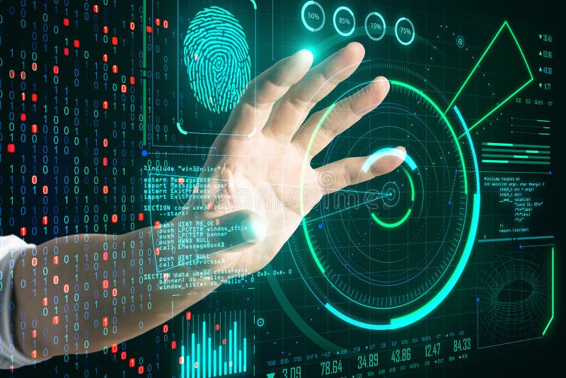 Hand using glowing digital communication and security interface royalty free stock photography