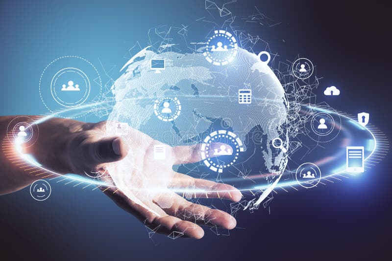 Hand using glowing social network infograph vector illustration