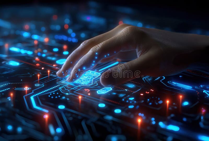 Hand using high-tech touch screen, dark background stock illustration