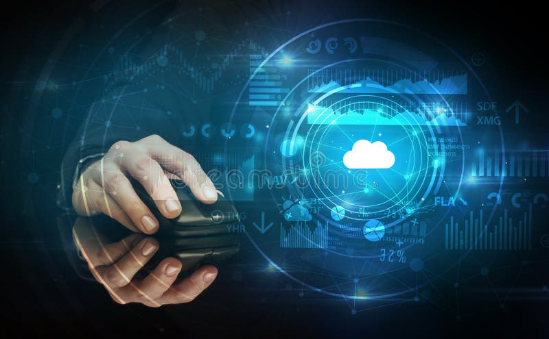 Hand using mouse with cloud technology concept stock illustration