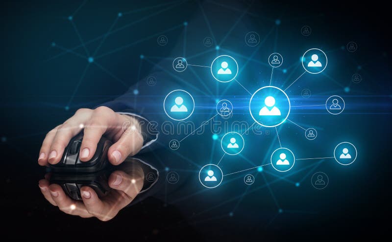 Hand using mouse with human networking concept stock photography