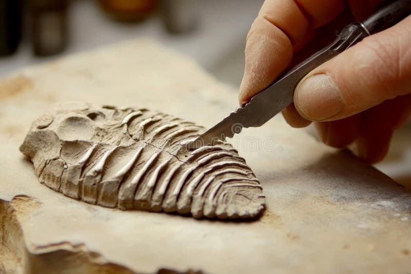 A hand is using pliers to cut off a fossilized trilobite. generative ai royalty free stock images