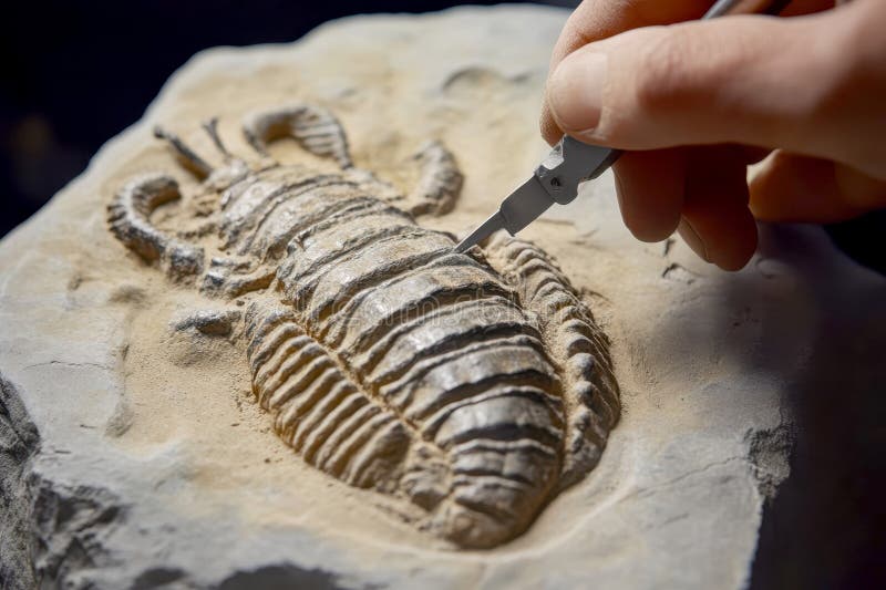 A hand is using pliers to cut off a fossilized trilobite. generative ai royalty free stock photography