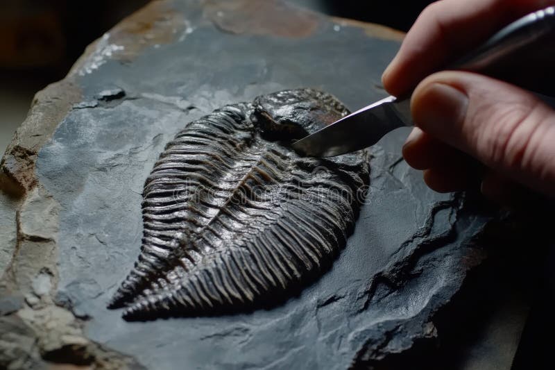 A hand is using pliers to cut off a fossilized trilobite. generative ai royalty free stock photo