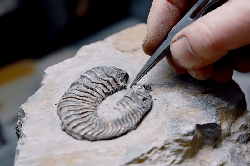 A hand is using pliers to cut off a fossilized trilobite. generative ai stock photo