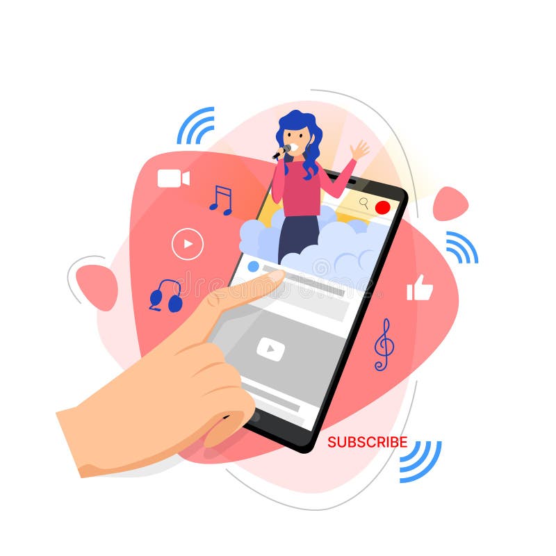 Hand using smart phone, video blogging concept, flat design vector illustration stock illustration