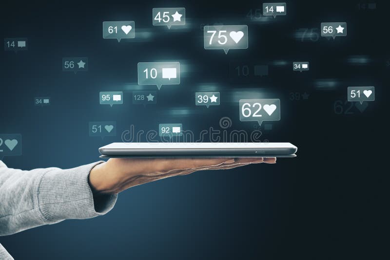 Hand using social media tablet stock image