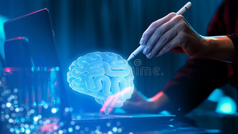 Hand using a stylus to interact with glowing holographic brain model, representing neuroscience research and stock image