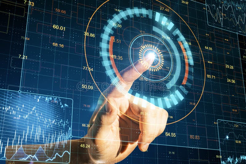 Hand using virtual screen with business charts and stock analysis royalty free stock photography