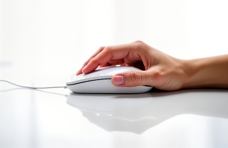Hand using white computer mouse. Modern tech device. Person clicks on mouse. Hand clicks wireless mouse on white surface. royalty free illustration