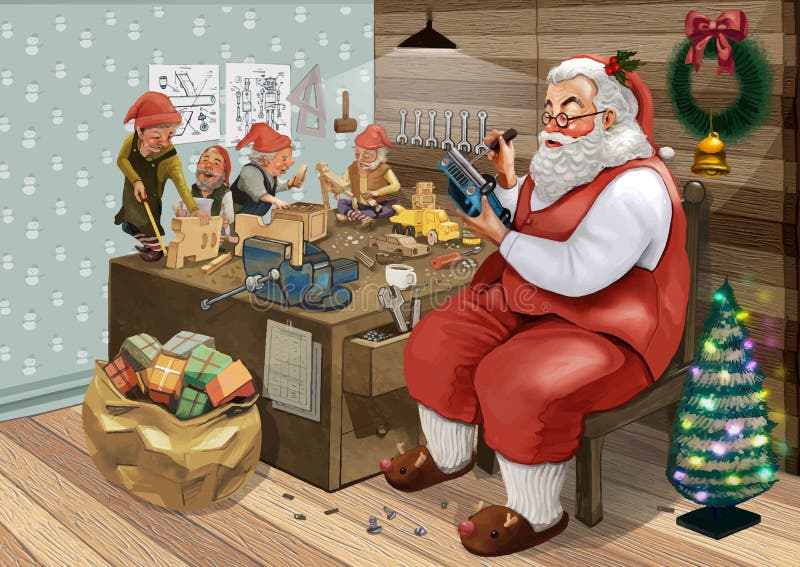 Hand utdragna Santa Claus som gör julklappar med hans älvor i ett seminarium