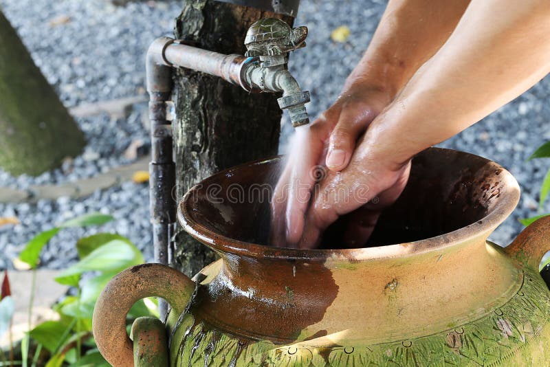 Hand Washing in the Clay Pot Sink Stock Image Image of nature, garden