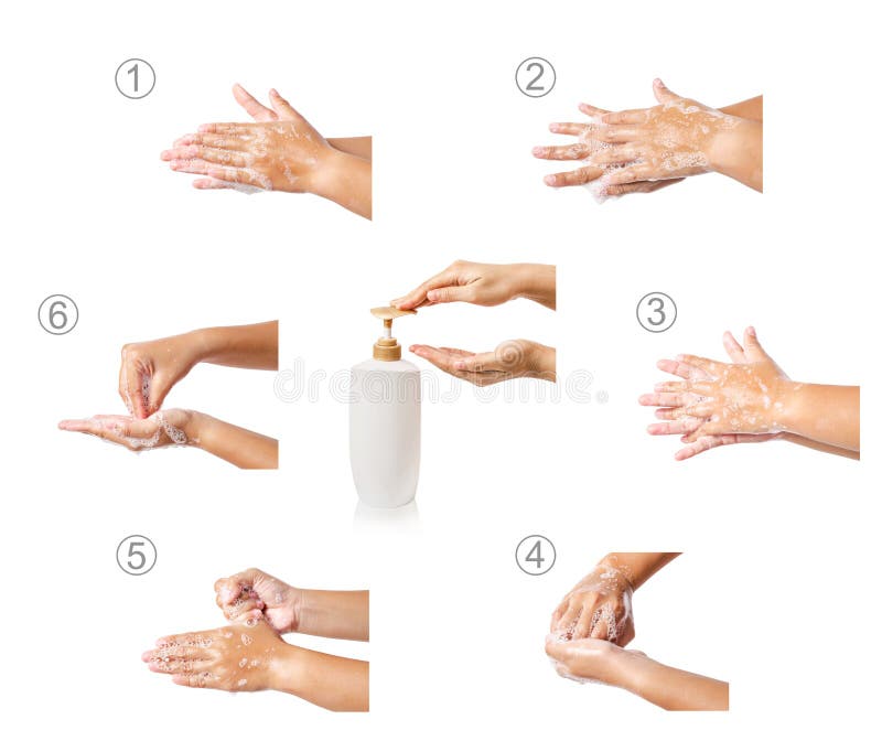 Hand washing medical procedure step by step. Isolated on white background.