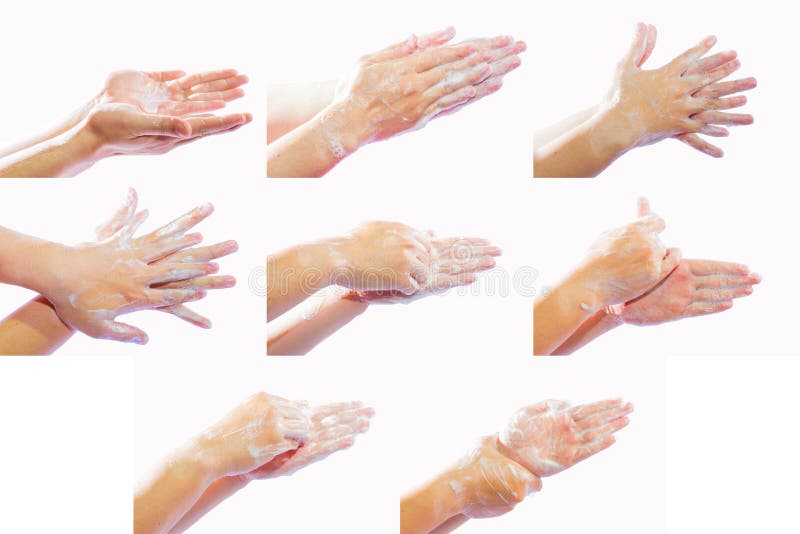 Hand washing medical procedure 7 steps that are correct. Isolated on white background