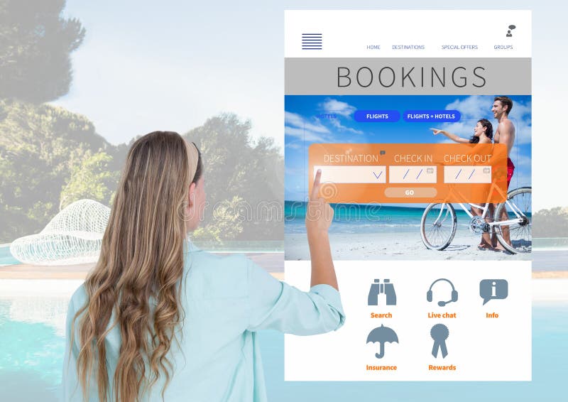 Hand wat betreft het Boeken App van de Vakantieonderbreking Interface met zwembad royalty-vrije stock afbeelding Hand wat betreft het Boeken App van de Vakantieonderbreking Interface met zwembad royalty-vrije stock afbeelding
