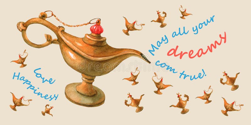 Hand watercolor illustration of magical Aladdin's genie lamp. Pale yellow background, Postcard.