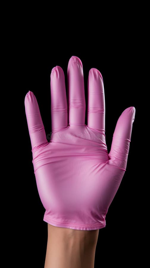 A hand wearing a pink latex glove on a black background stock illustration