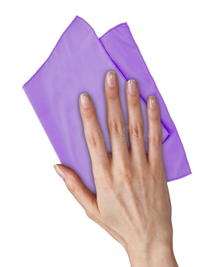 Hand Wiping Surface with Orange Rag Isolated on White Stock Image