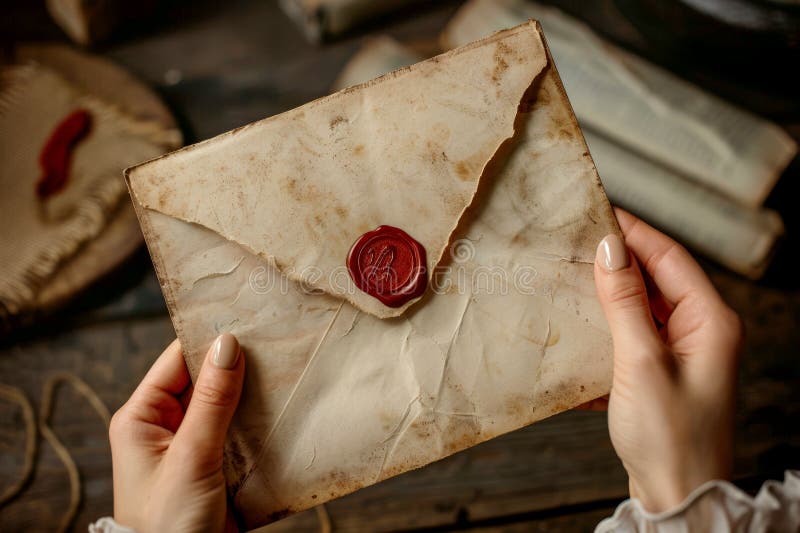 Hand woman hold Old envelope with wax seal. ai generative vector illustration
