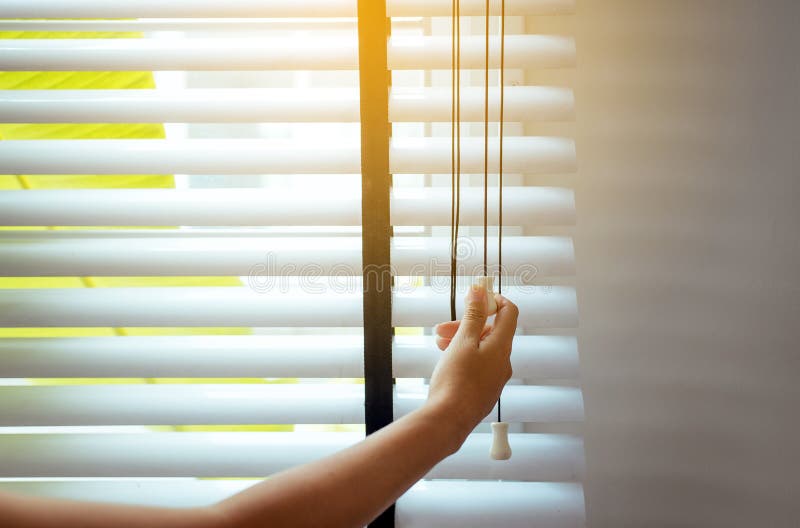 Hands woman opening blinds window in living room to get sunlight