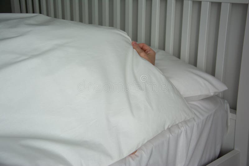 Hand of Woman Stick Out Under Blanket. Copy Space. Stock Image Image