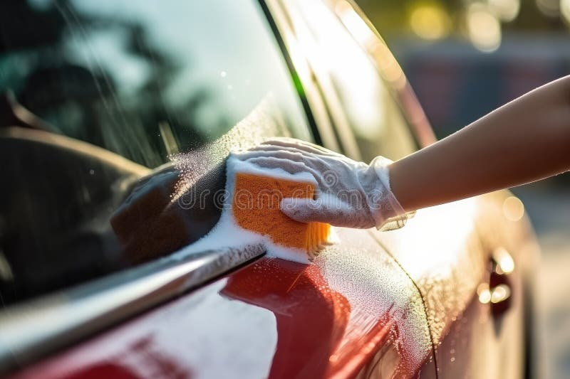 Hand of a woman in a white glove washes the car with a sponge, People hand close up cleaning car with a sponge at the car wash, AI Generated.