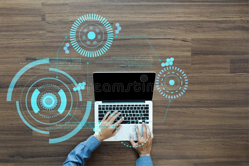 Hand working laptop with sci fi futuristic user interface royalty free stock image
