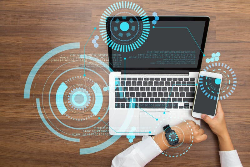 Hand working with Sci fi futuristic user interface stock photo