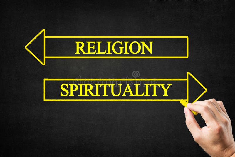 Religion vs Spirituality Opposite Arrows Concept.