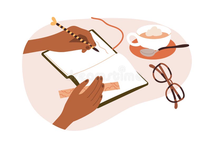 Hand writing note, plan in paper notebook, personal diary with coffee cup, eyeglasses on desk. Taking records, to-do vector illustration