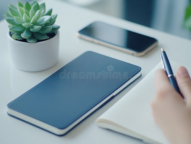 Hand writing in notebook desk succulent phone modern workspace royalty-vrije illustratie