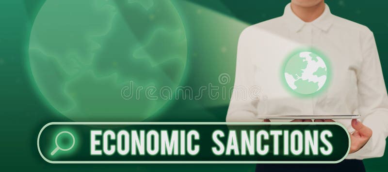 Handwriting text Economic SanctionsPenalty Punishment levied on another country Trade war. Business overview Penalty royalty free stock photo