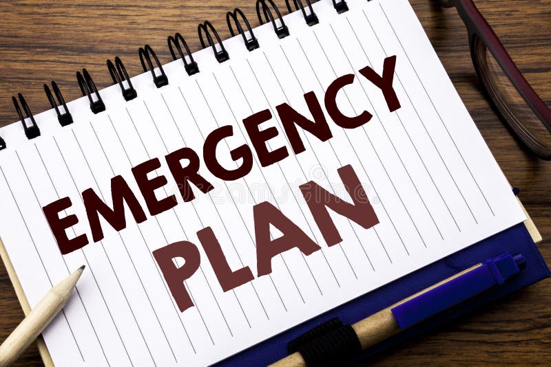 Hand writing text caption inspiration showing Emergency Plan. Business concept for Disaster Protection Written on notebook paper, wooden background with glasses pen and marker. Hand writing text caption inspiration showing Emergency Plan. Business concept for Disaster Protection Written on notebook paper, wooden background with glasses pen and marker.