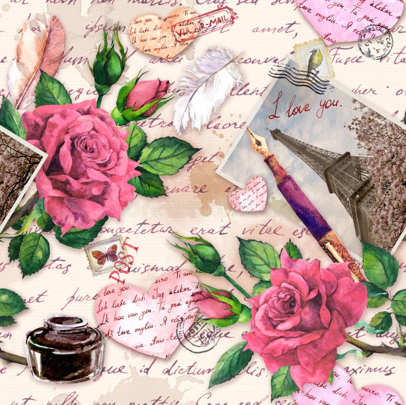 Hand written notes I love you , pen, ink bottle, paper hearts, vintage photo of Eiffel Tower, rose flowers, postal