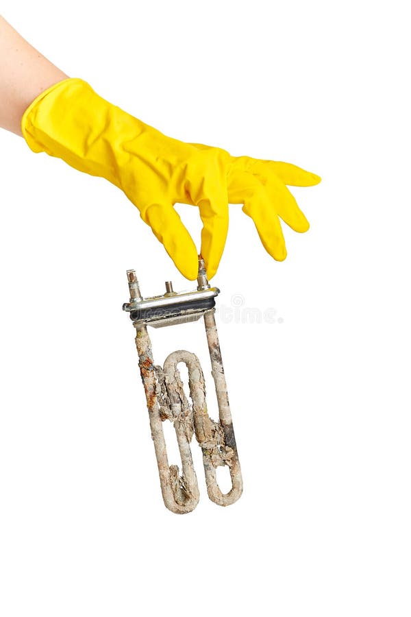 A Hand in a Yellow Glove Holds the Heating Element of a Washing Machine