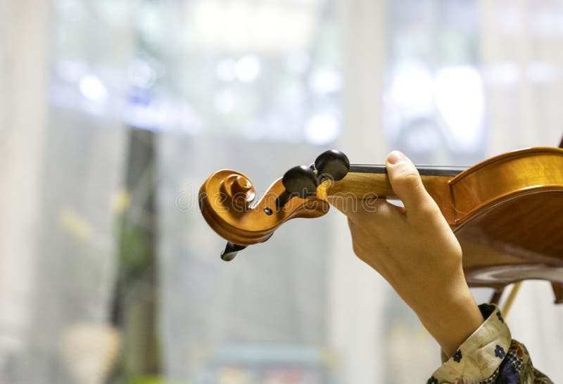 Hand of a Young Violinist Holding the Neck and Pressing the Strings