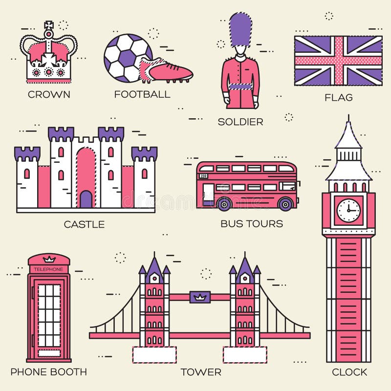 Handboken för semestern för det landsEngland loppet av gods, ställen i tunna linjer stil planlägger Ställ in av arkitektur, folke vektor illustrationer Handboken för semestern för det landsEngland loppet av gods, ställen i tunna linjer stil planlägger Ställ in av arkitektur, folke vektor illustrationer