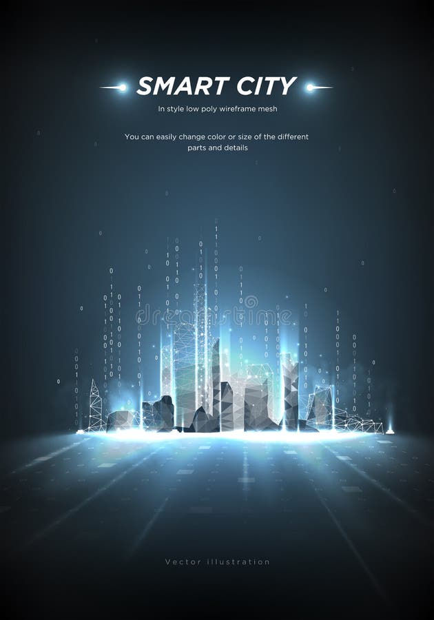 Handcitysmart city low-poly wireframecity future abstract sau metropolissmart building automation. flux de coduri binare. royalty free illustration