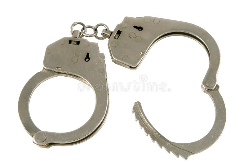 Handcuffs with one side open, isolated on white background. Clipping path included. Handcuffs with one side open, isolated on white background. Clipping path included.